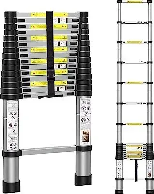 A telescopic ladder is sitting on top of a white surface.