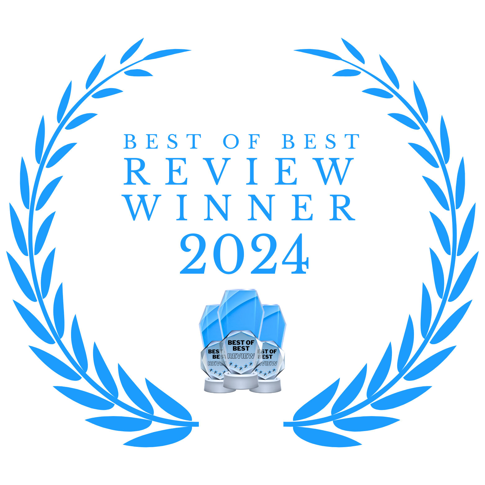 A blue laurel wreath with the words best of best review winner 2024