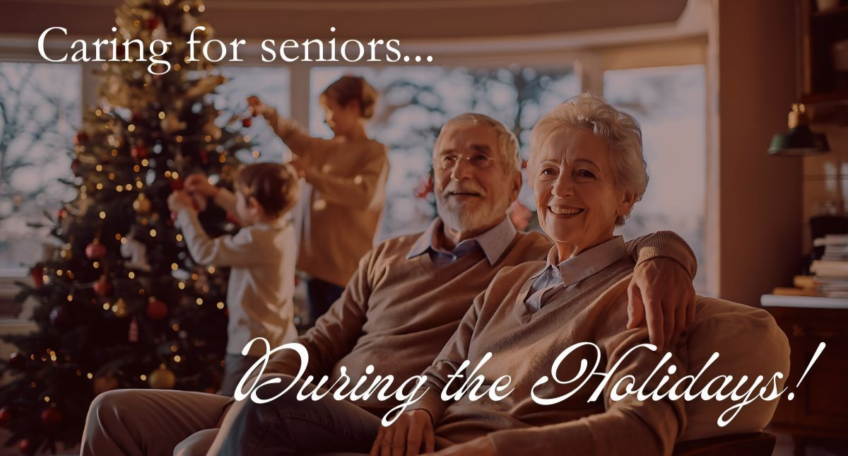 Elderly couple smiling, with family decorating Christmas tree in background. Text: 