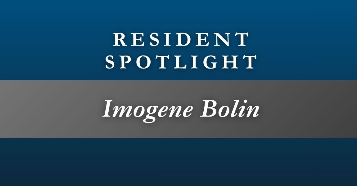 Resident Spotlight title card with name Imogene Bolin on a blue and gray background