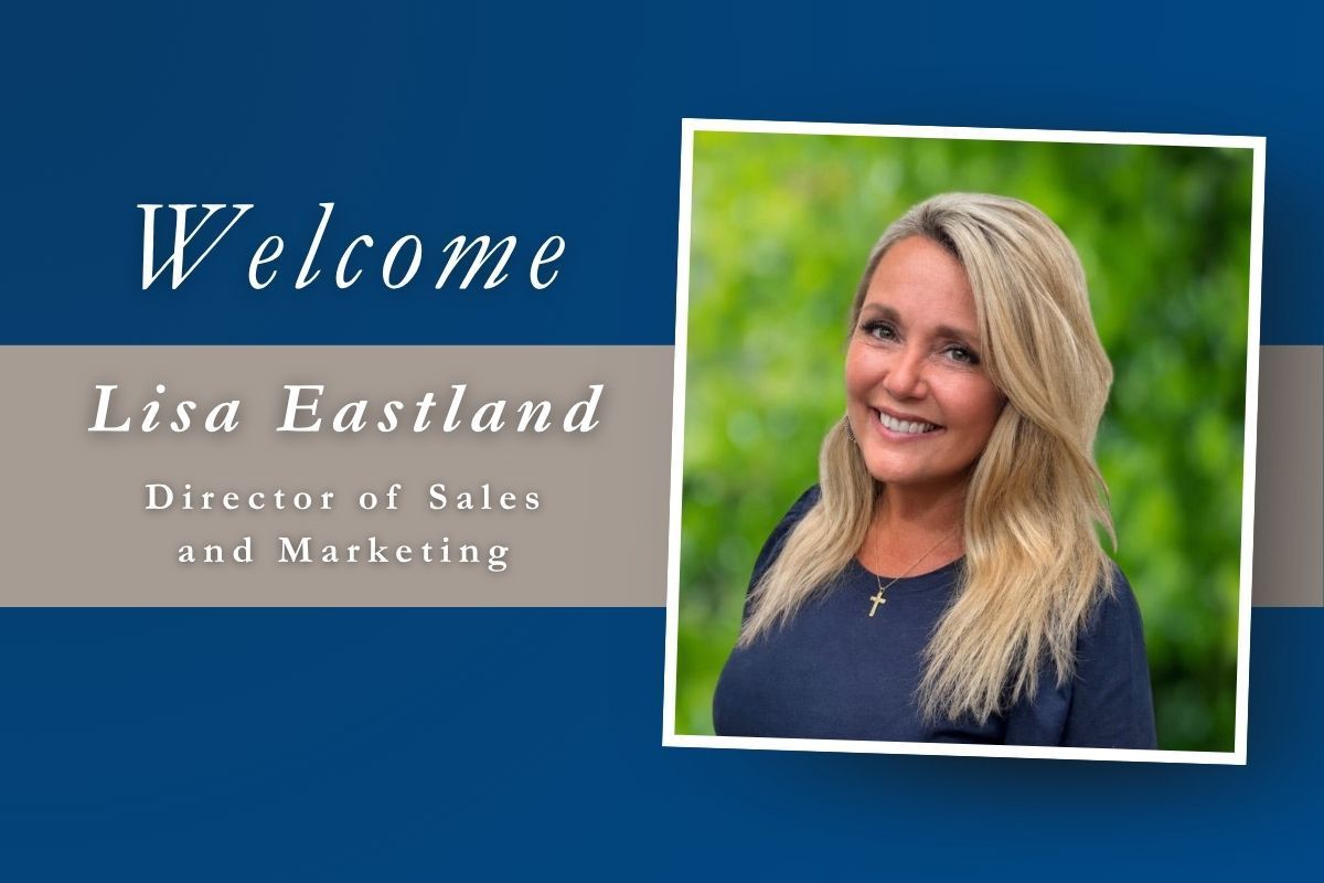 Welcome banner for Lisa Eastland, Director of Sales and Marketing, with her portrait on blue background