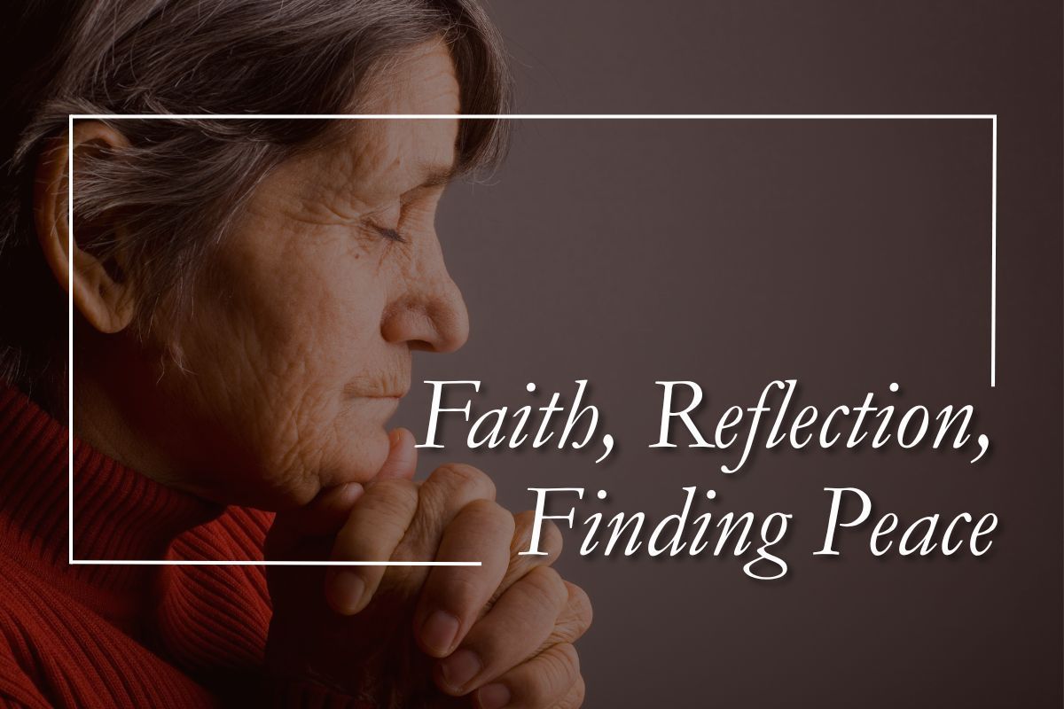 Woman praying in profile with text “Faith, Reflection, Finding Peace” on a dark background