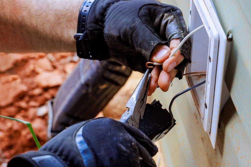 Hands wearing gloves wiring electrical outlet with pliers.