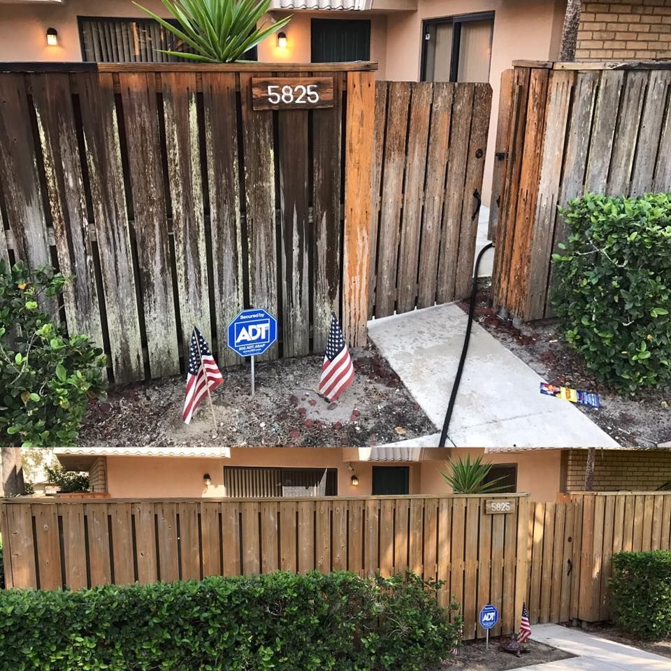 Before-and-after of a fence at 5825. The weathered wooden fence is replaced with new wood; the house is also refreshed.