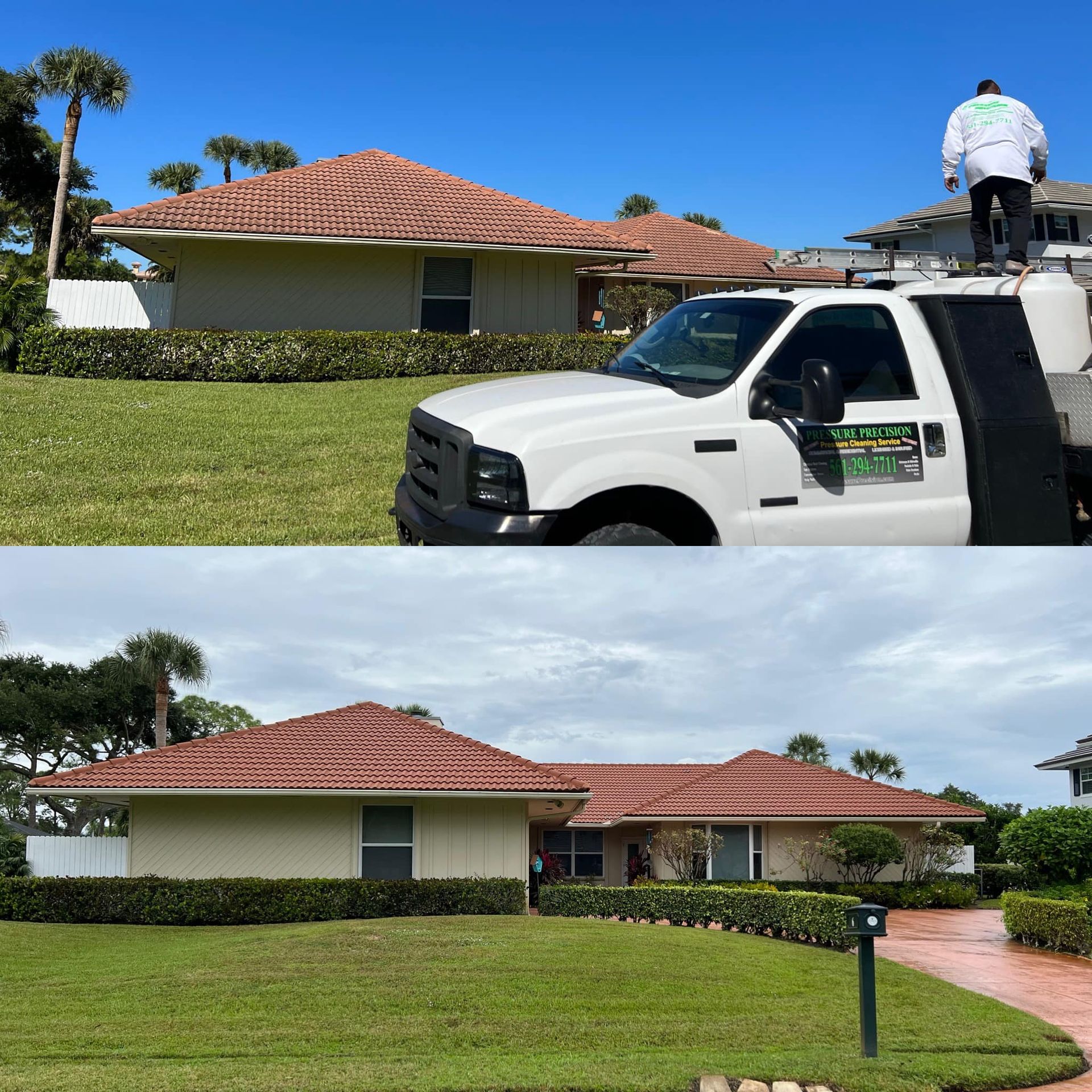 Top: Worker on truck roof cleaning a beige house with a red tile roof. Bottom: Wide view of the same house.