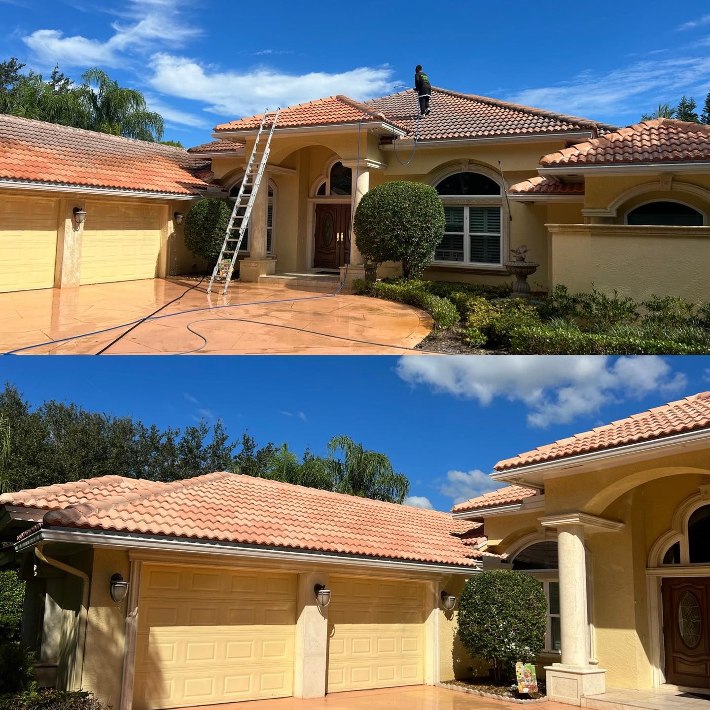 Top and bottom view of a house with a terra-cotta tile roof. 