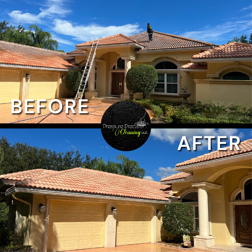 Comparison of a house's roof before and after cleaning; the 