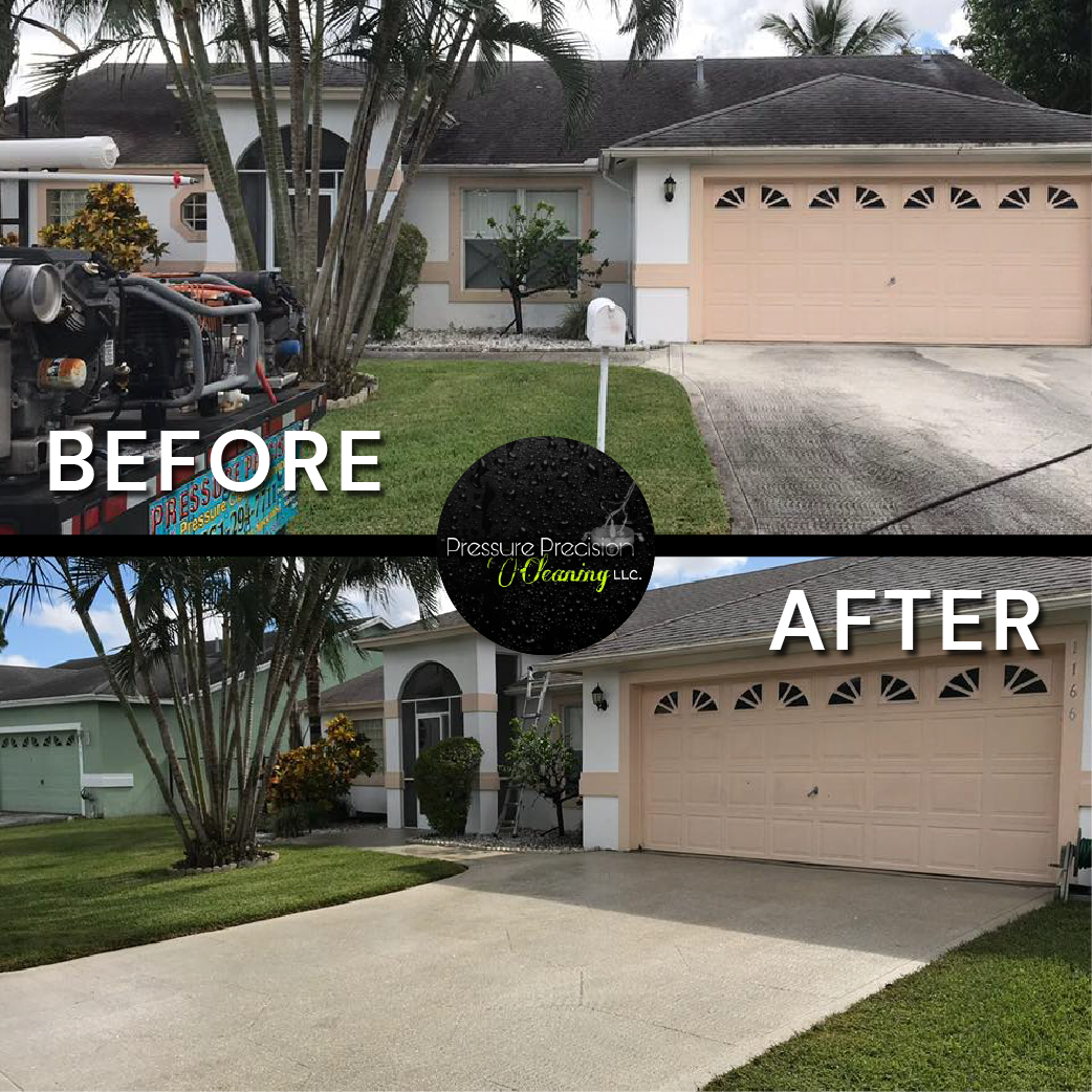 Comparison of a house before and after power washing; the 