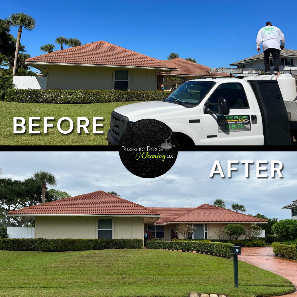Before and after view of a one-story house with a red-tiled roof. Top: Roof is dirtier; a worker is on the truck.