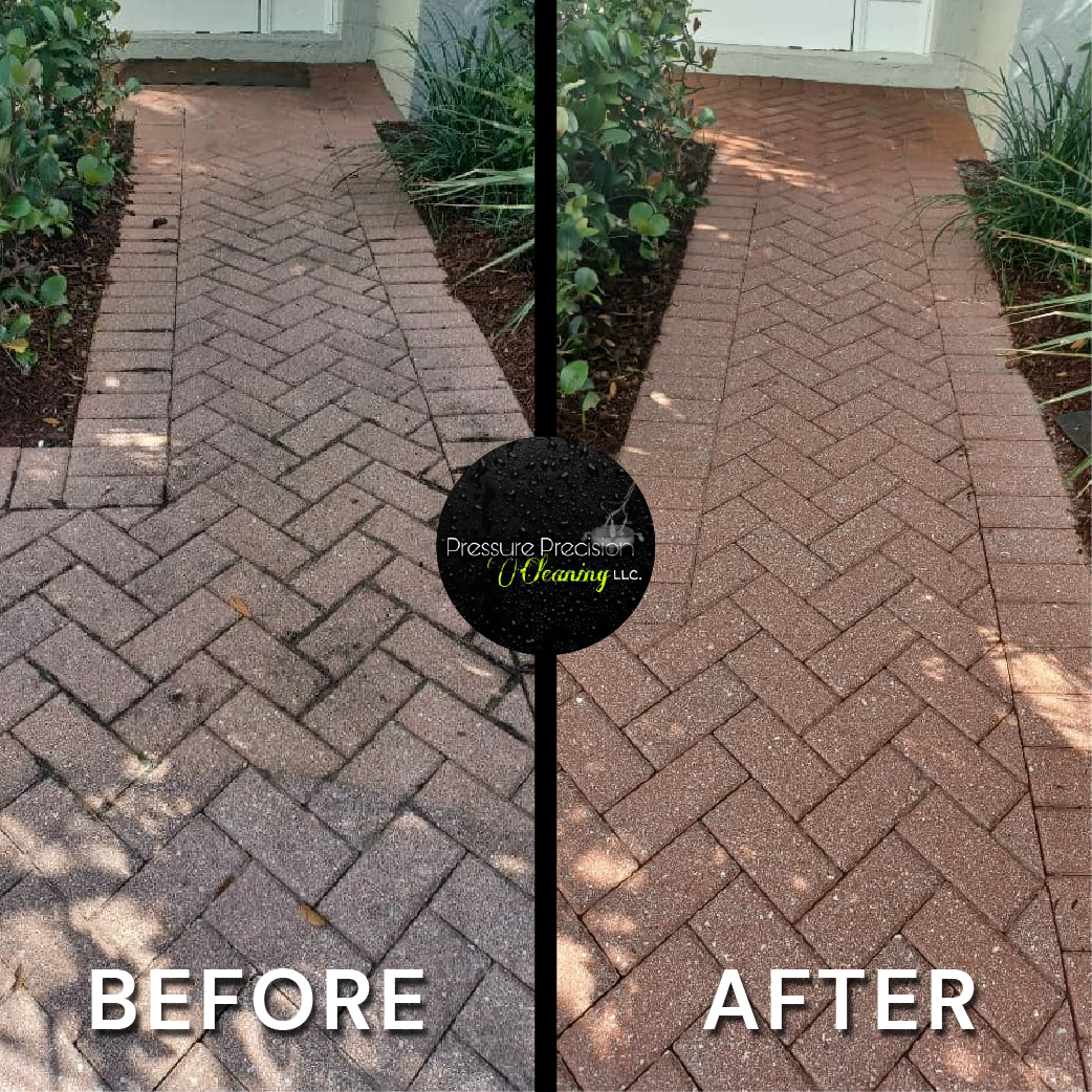 Comparison of a brick pathway before and after cleaning, showcasing a significant difference in color and cleanliness.