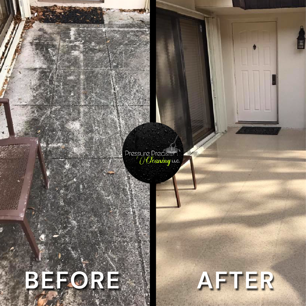 Before and after comparison of a patio cleaning. The left side shows a dirty patio, the right side clean and bright.