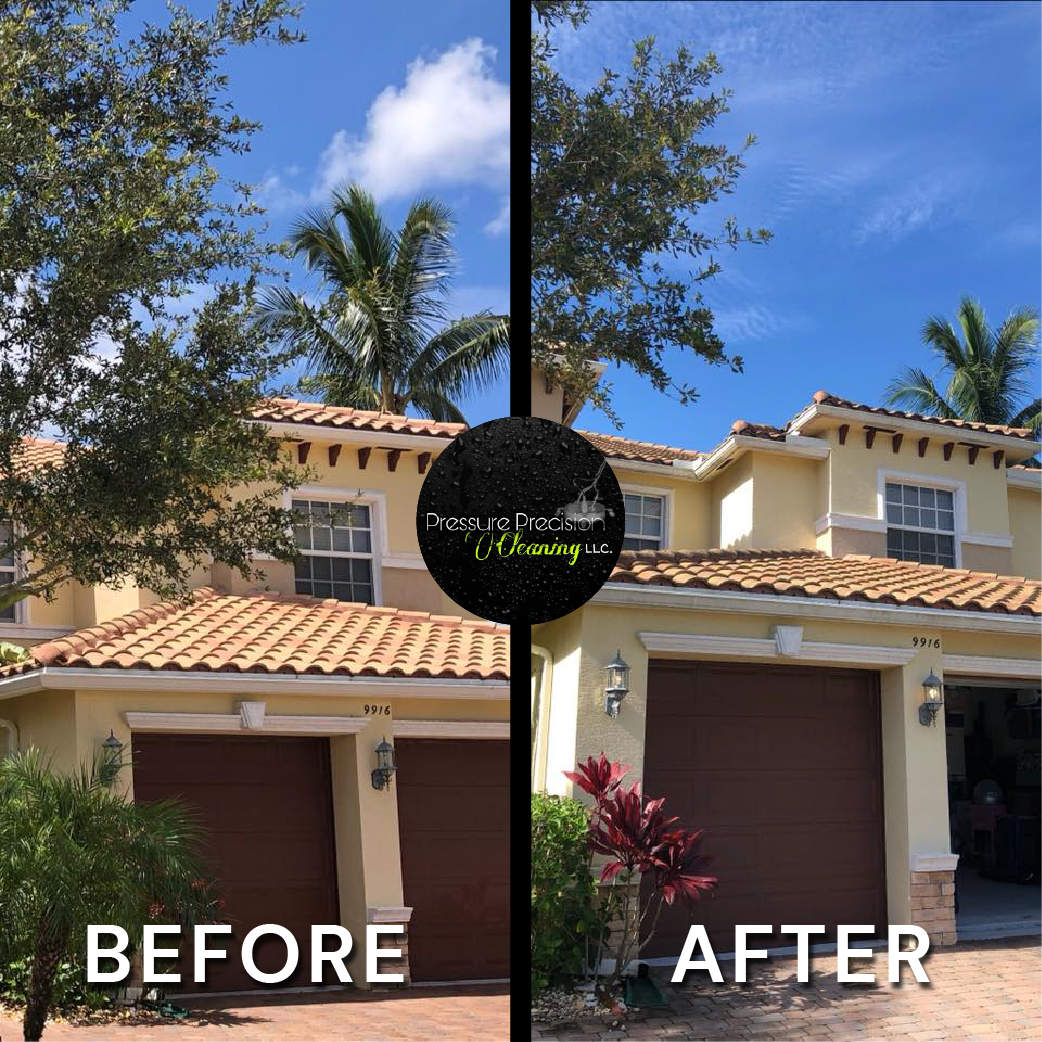Two-story house exterior before and after power washing.  The 