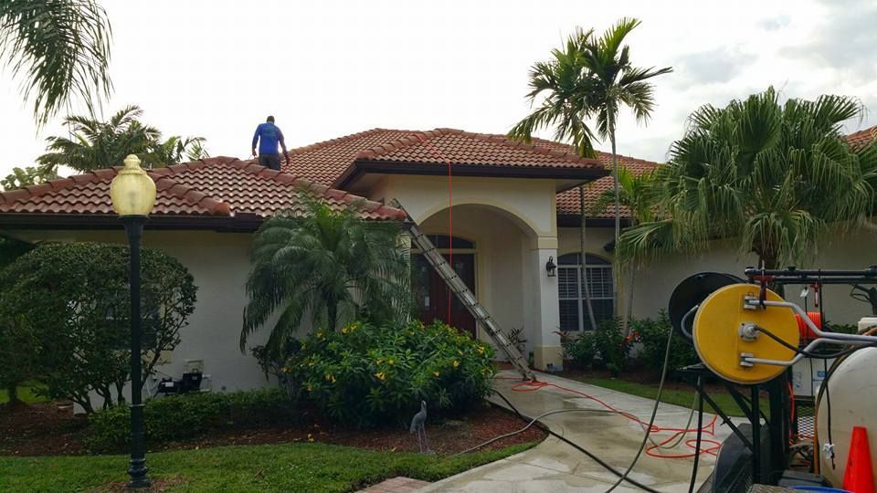 A person is on a roof cleaning a tile roof of a white stucco house with palm trees. A hose is stretched from the roof.