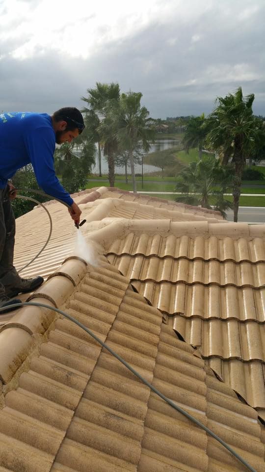 Man pressure washing a light-colored tile roof; green palm trees and a lake are visible in the background.
