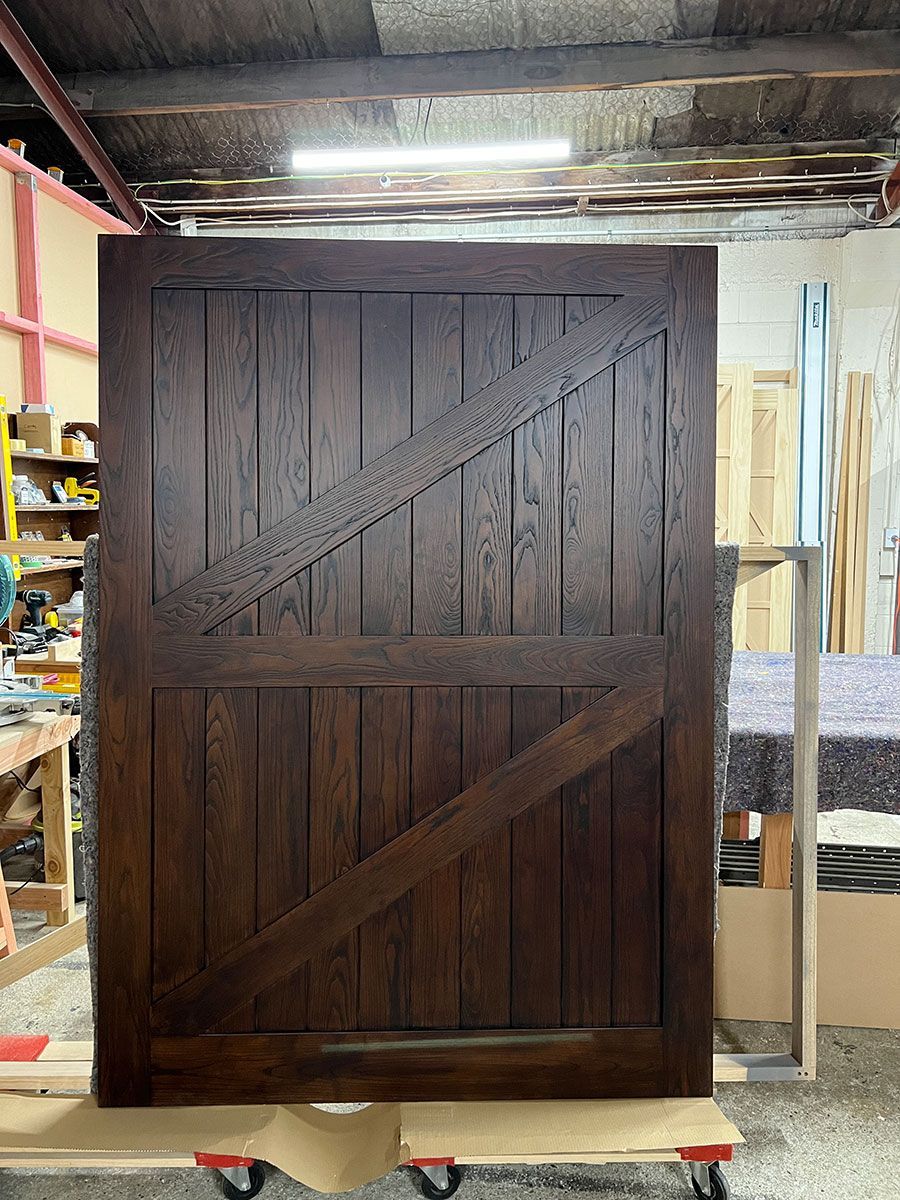 white ash big barn door stained dark