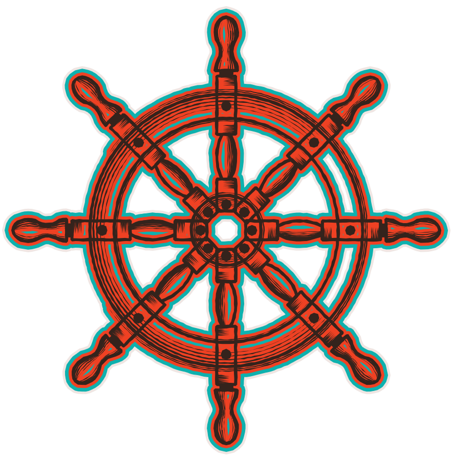 A red and blue steering wheel on a white background