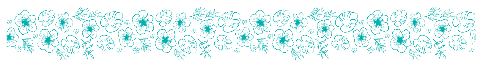 A horizontal decorative border featuring a repeating pattern of small teal flowers and stars on a white background.