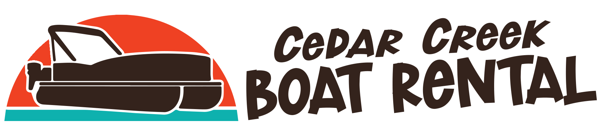 Logo for Cedar Creek Boat Rental, featuring a stylized pontoon boat silhouette against an orange sunset over water.