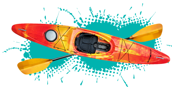 A red and yellow sit-in kayak with a yellow paddle, positioned over a teal circular graphic with a white splash design.