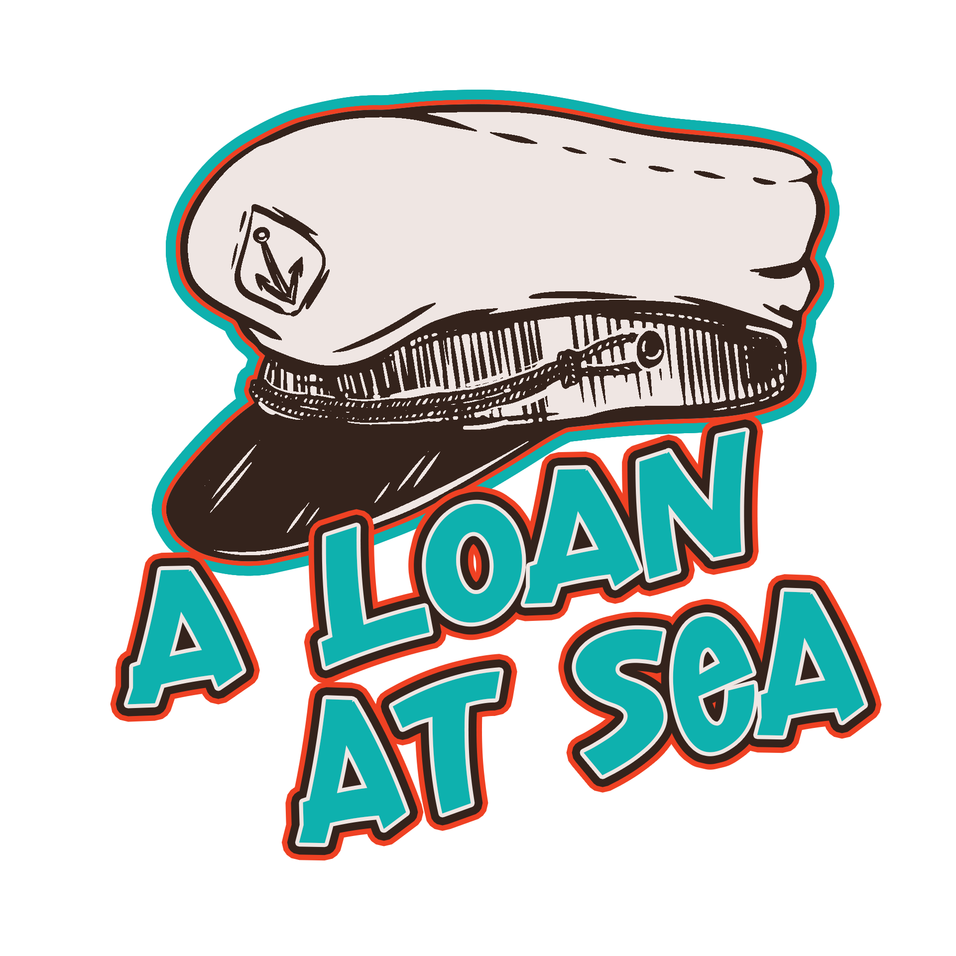 A sketch of a white captain’s hat with an anchor emblem above the teal text 