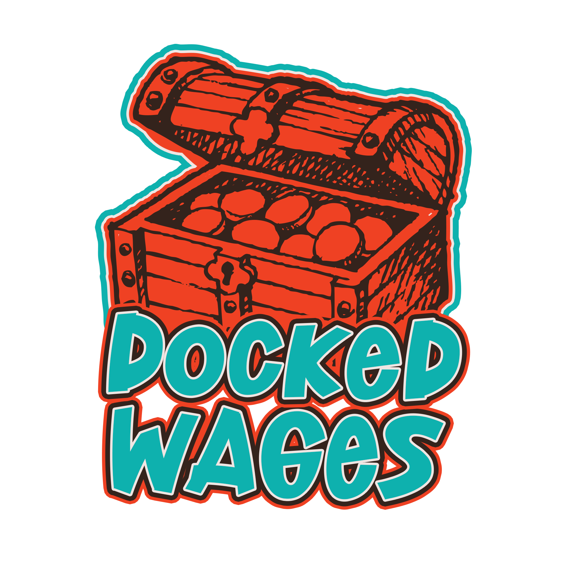 A treasure chest filled with gold coins sits above the stylized text 