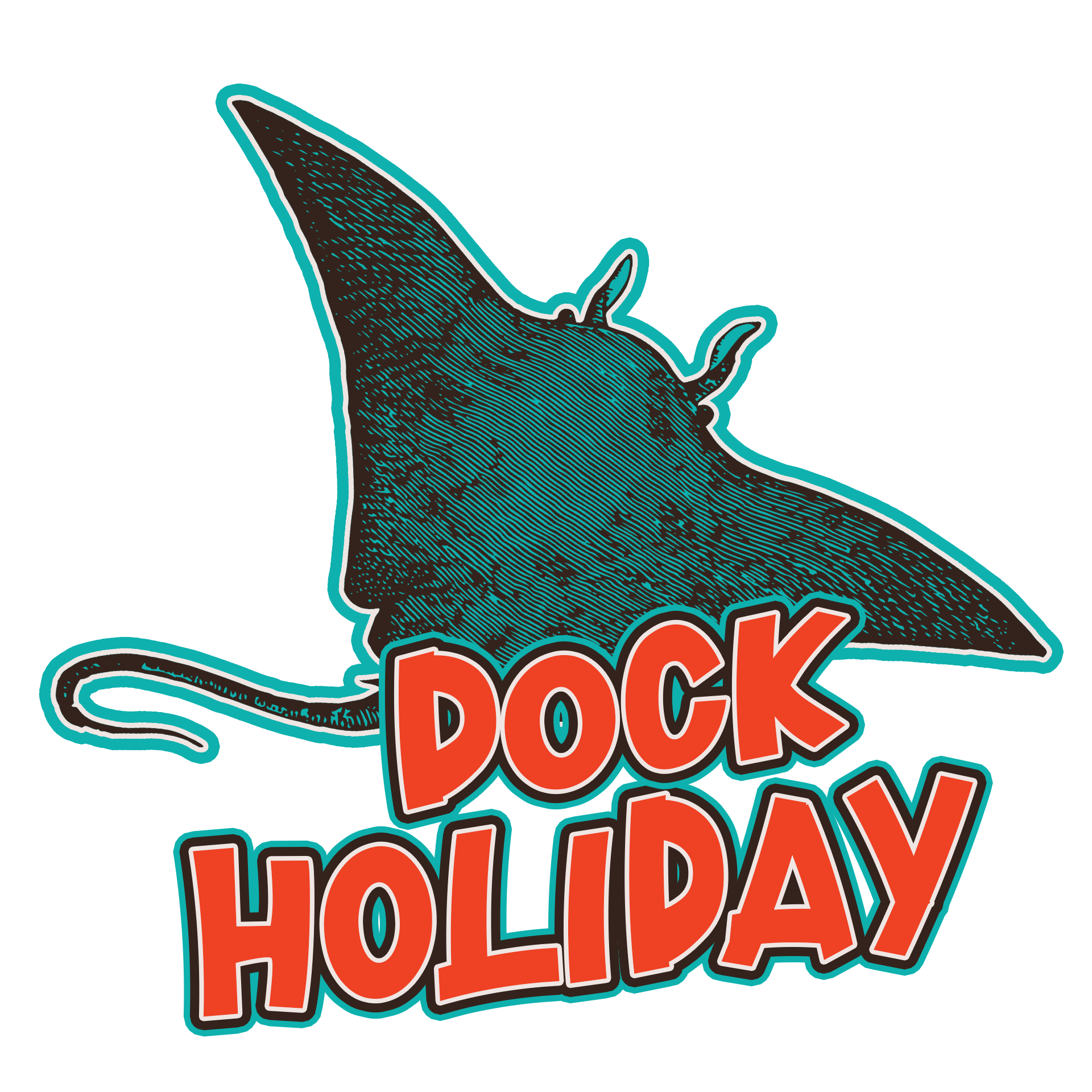 A teal-colored stingray illustration sits above the orange text 