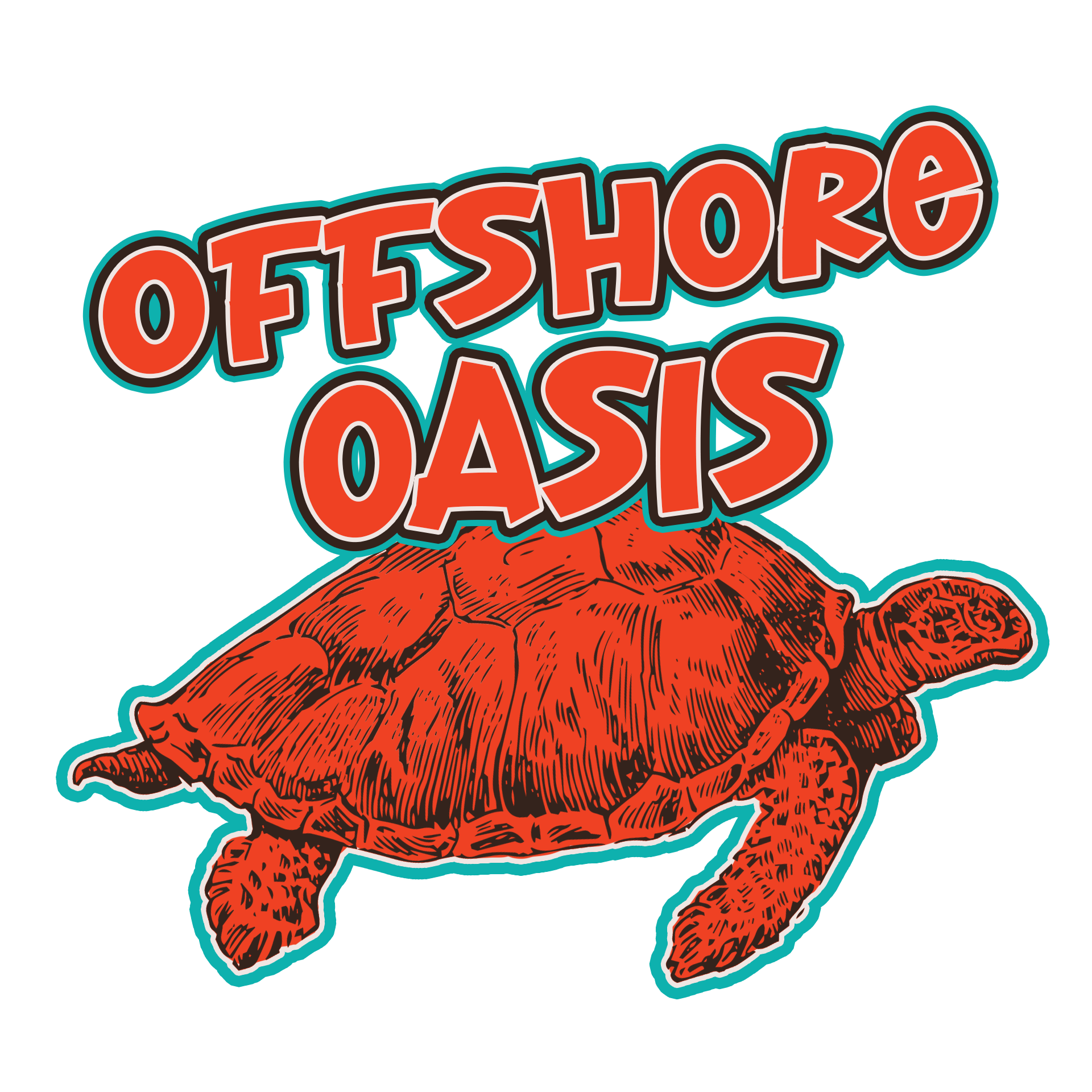 A stylized red sea turtle illustration positioned beneath the orange, bold text 