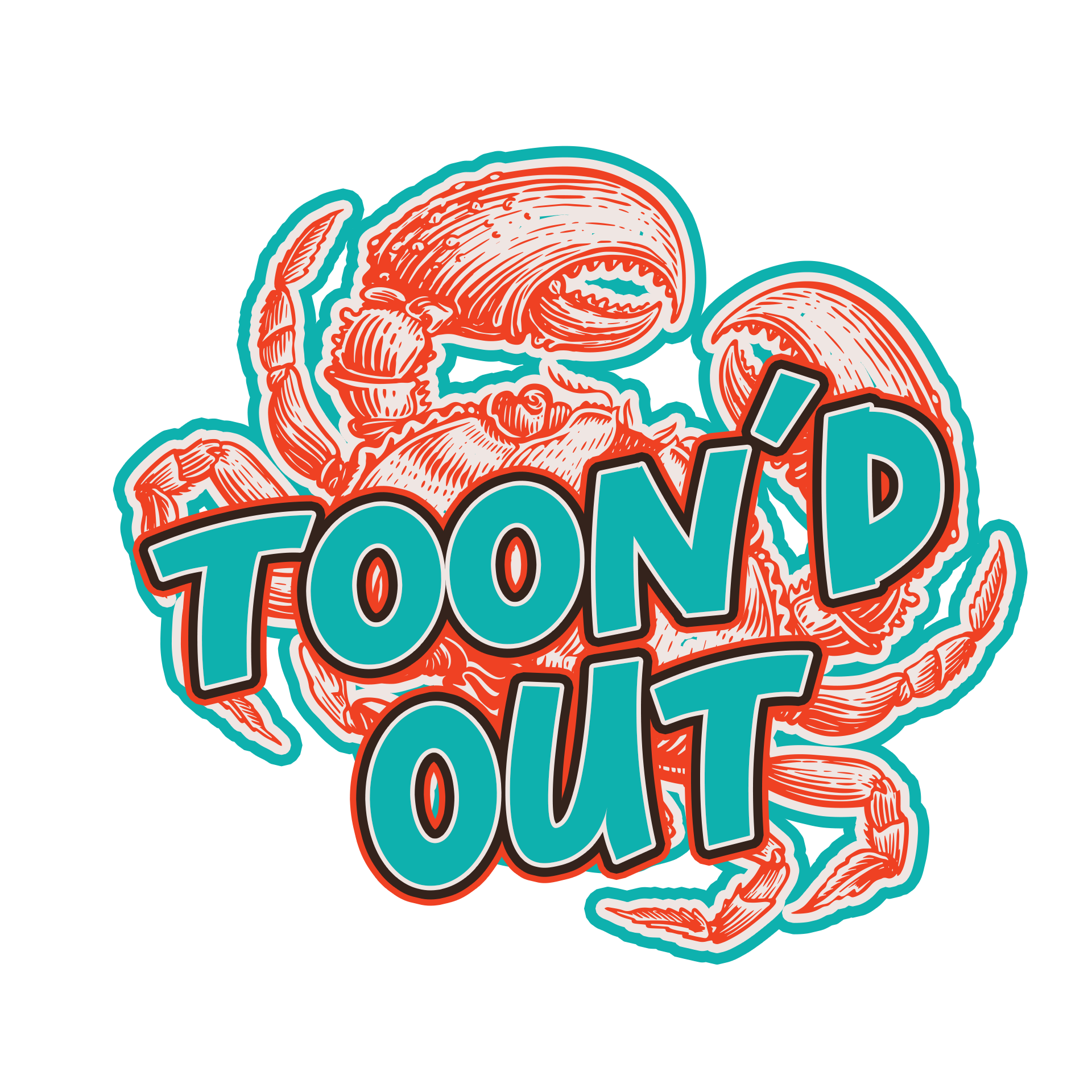 A vintage-style illustration of an orange crab with the teal text 