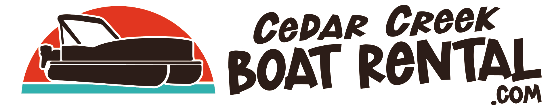 Logo for Cedar Creek Boat Rental, featuring a stylized boat silhouette over a sunset and teal water.