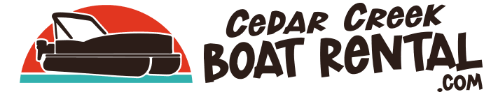 Logo for CedarCreekBoatRental.com featuring a black pontoon boat silhouette over an orange sunset and teal water.