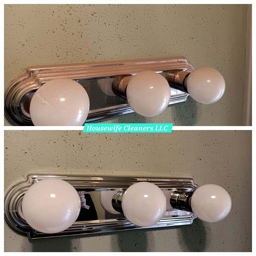 Chrome bathroom vanity light fixture with three round white bulbs, shown before and after cleaning.