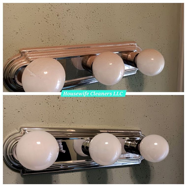 Chrome vanity light fixture with three white globe bulbs on a beige wall, shown before and after cleaning