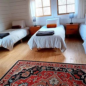 Bright bedroom with two single beds, wooden nightstands, blue lamps, and a red patterned rug