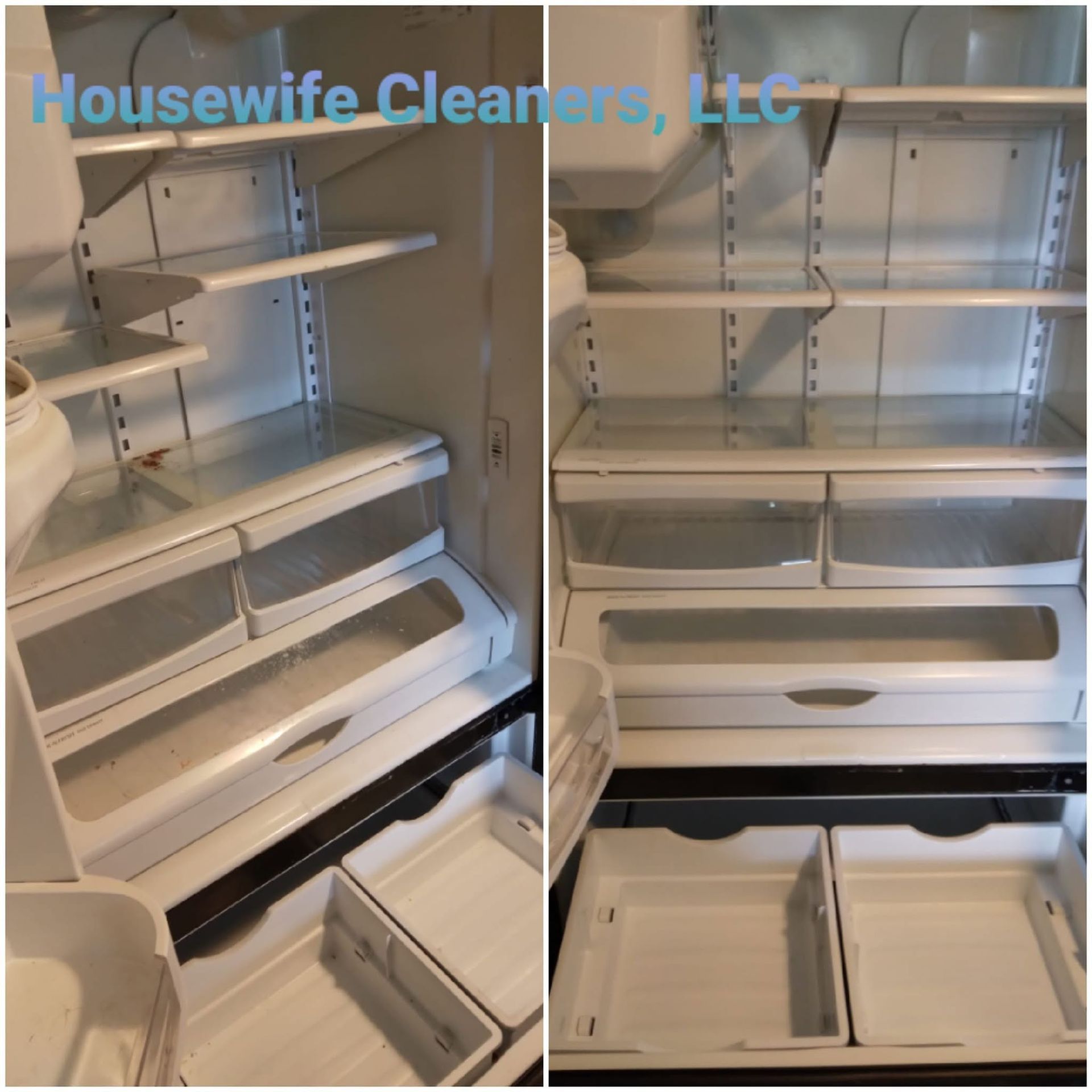Open refrigerator shelves and drawers, before-and-after cleaning, with “Housewife Cleaners, LLC” watermark.