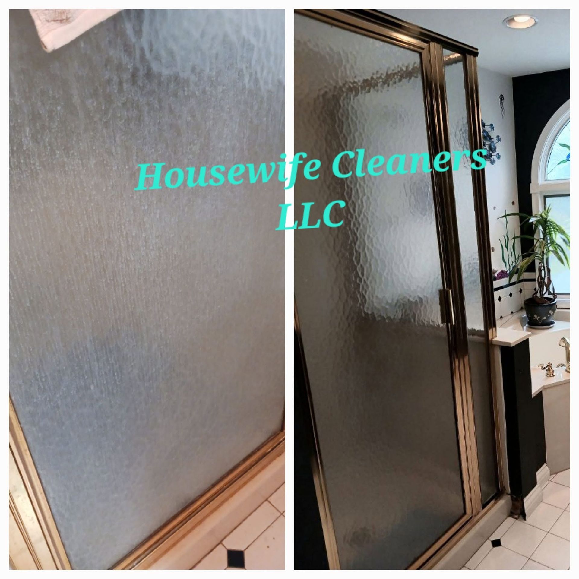 Before-and-after shower door cleaning, showing a cloudy glass panel and a clear glass door with gold trim.