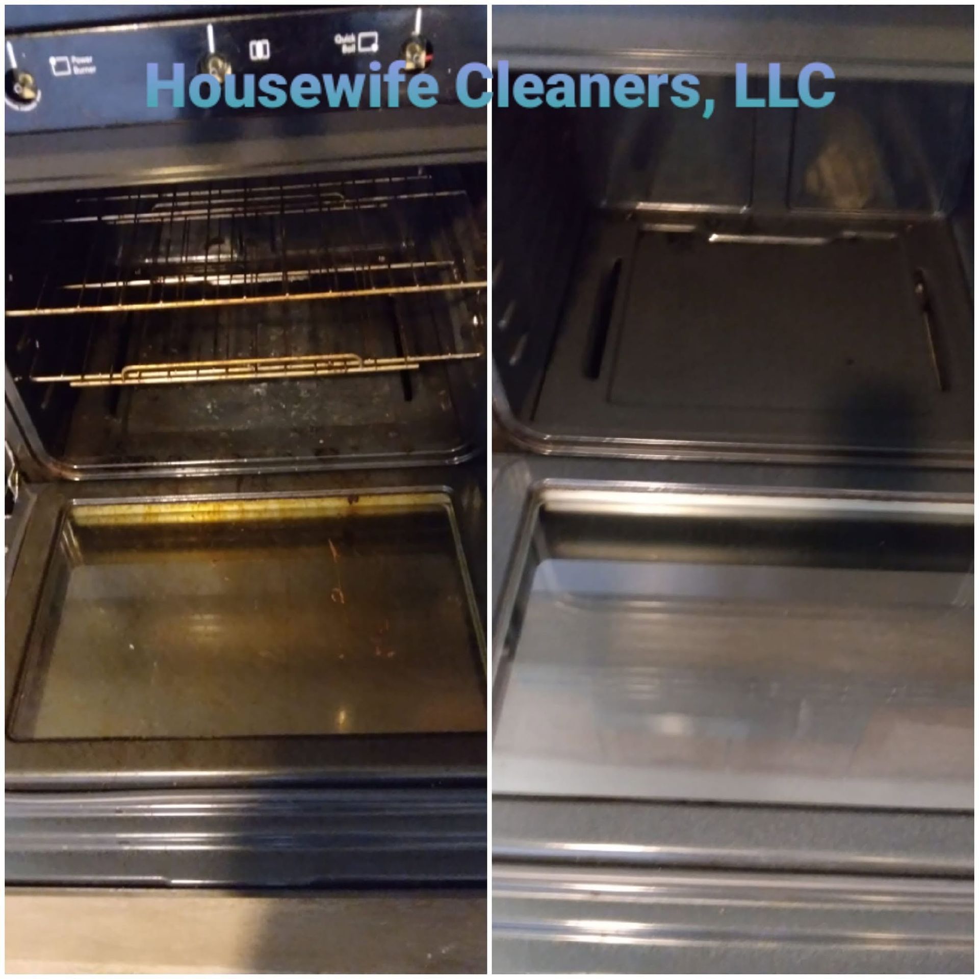 Before-and-after view of a cleaned oven with racks and door, labeled “Housewife Cleaners, LLC”