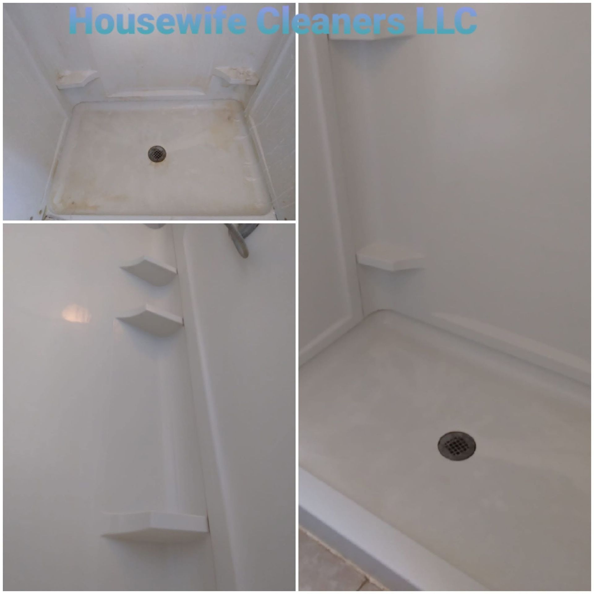 Clean white shower stall with built-in corner shelves and drain, shown in three views.