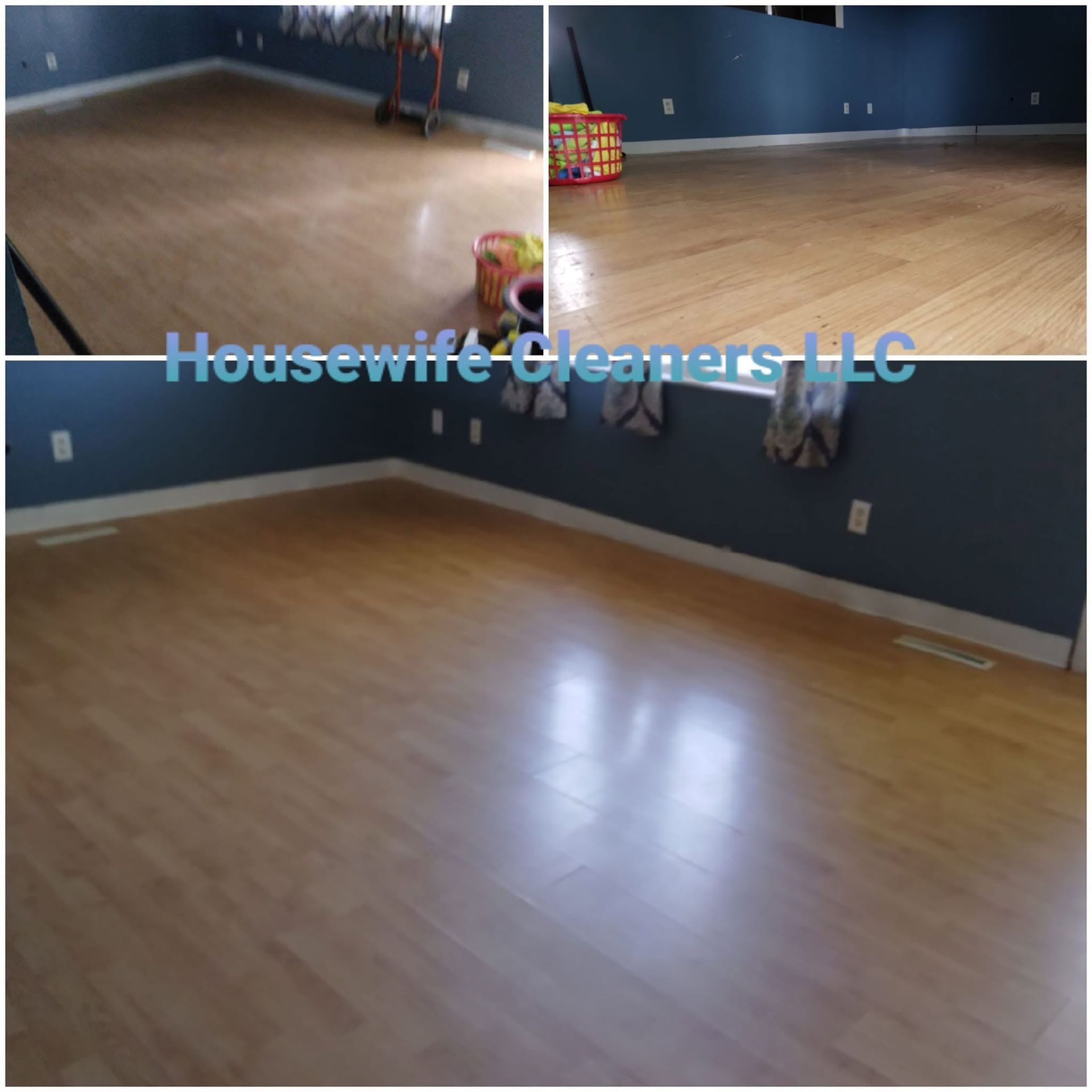 Before-and-after photos of a cleaned hardwood floor in a blue-walled room, with “Hotswife Cleaners LLC” watermark