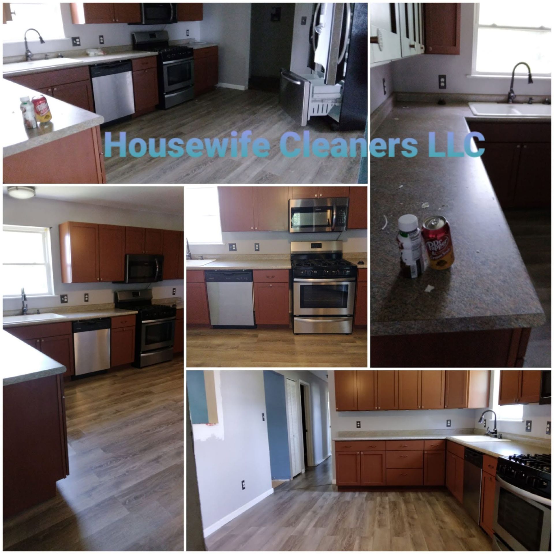 Collage of a clean kitchen with wood cabinets, granite countertops, stove, sink, and wood flooring