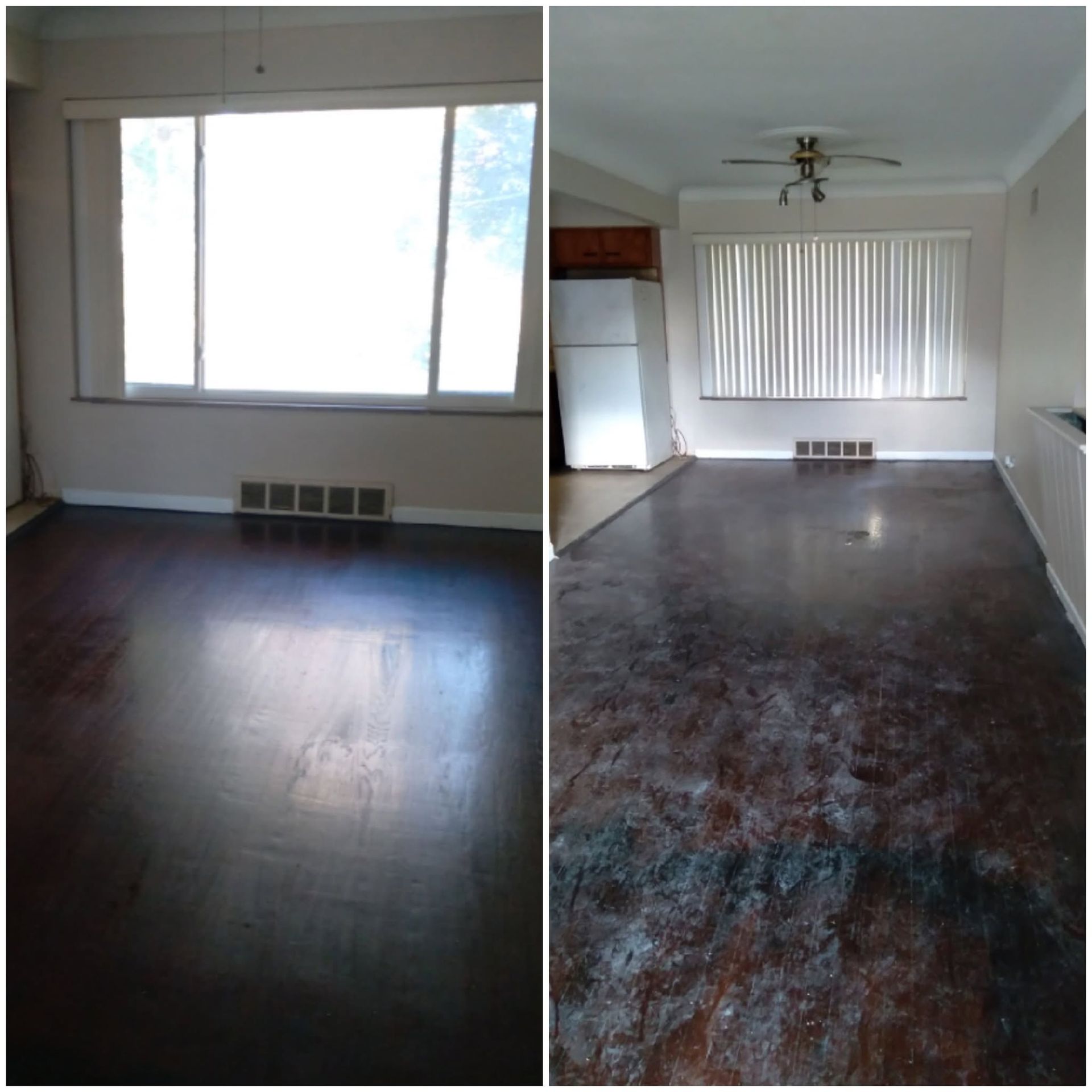 Two empty living rooms with windows, blinds, dark floors, and ceiling fans.