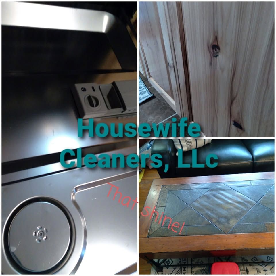 Housewife Cleaners, LLC collage showing cleaned kitchen surfaces, cabinets, and a tiled counter top