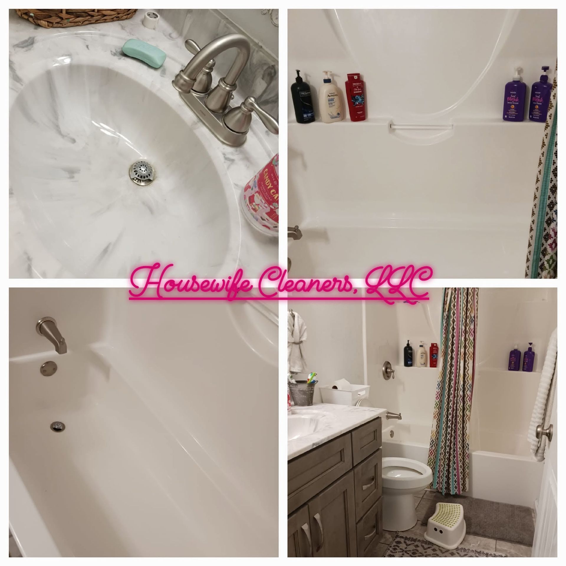 Collage of a clean white bathroom with tub, sink, toilet, gray floor, and purple/pink decor