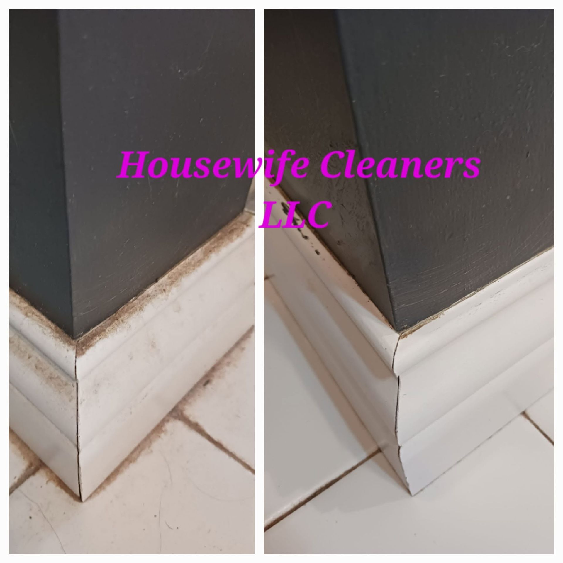 Before-and-after corner baseboard cleaning on tiled floor, with “Housewife Cleaners LLC” text.