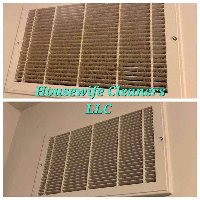 Before-and-after close-up of white vent grilles, with turquoise “Housewife Cleaners LLC” text overlay.