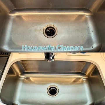 Before-and-after view of a stainless steel double sink cleaned to a shiny finish.