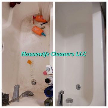 Bathtub before-and-after cleaning: cluttered tub on left, spotless tub on right, with “Housewife Cleaners LLC” watermark