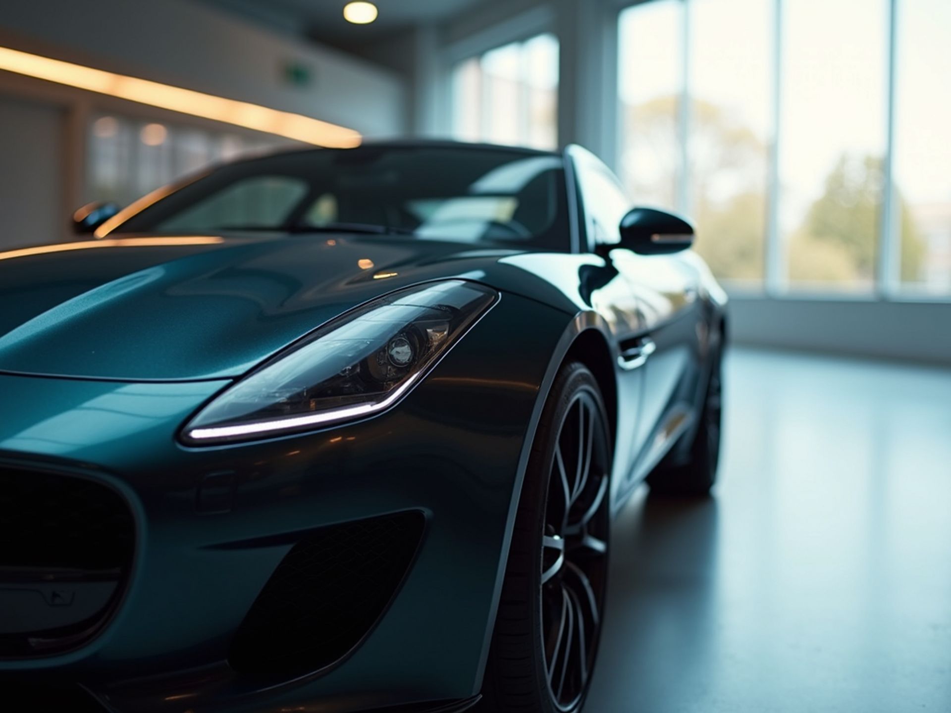 Teal sports car parked indoors under soft showroom lighting