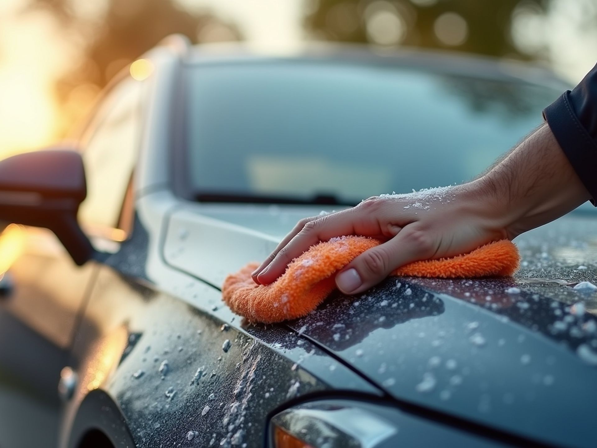 Hand washing a black car with orange sponge and water spray outdoors
