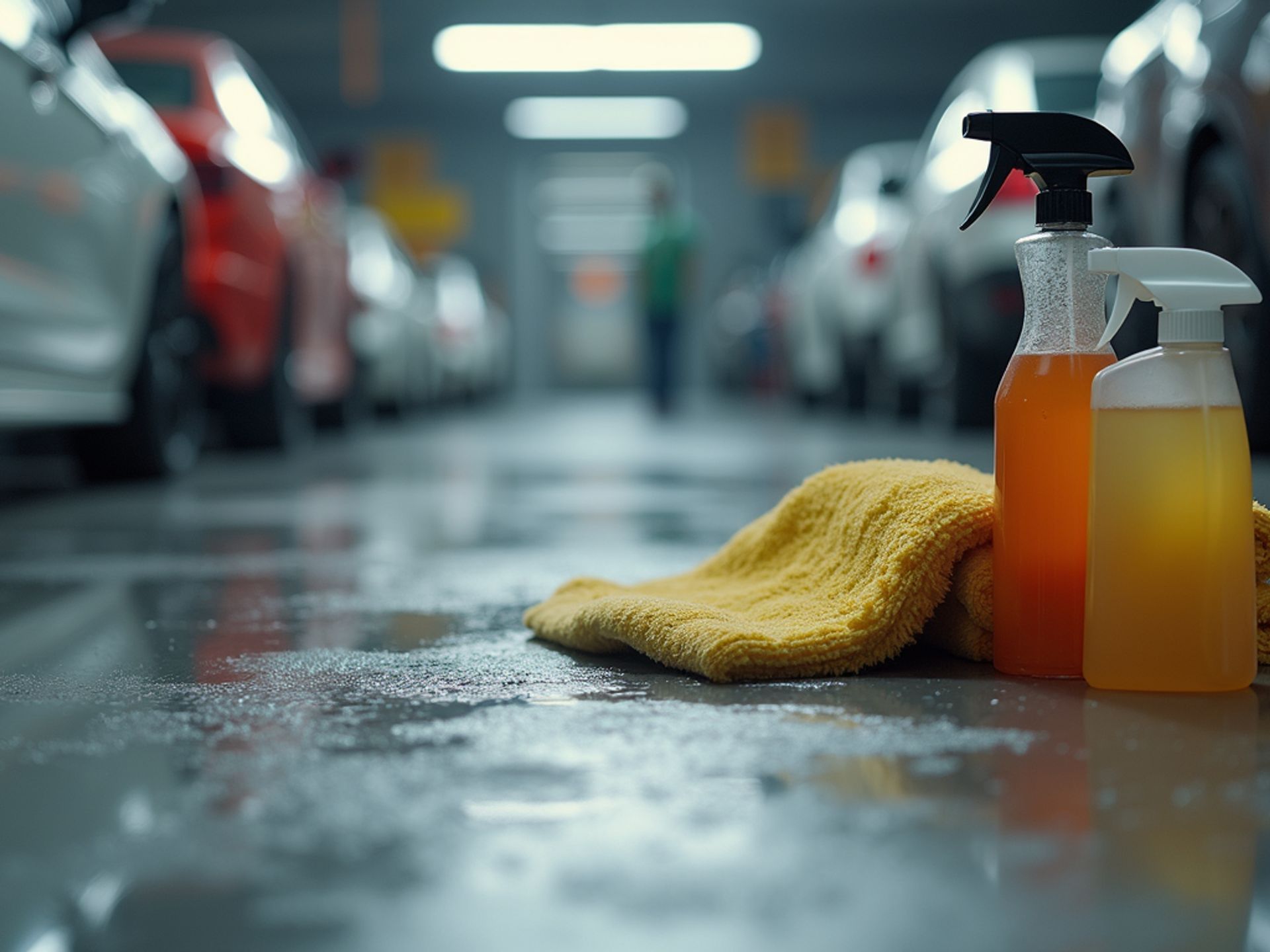 High angle view of car cleaning products arranged neatly