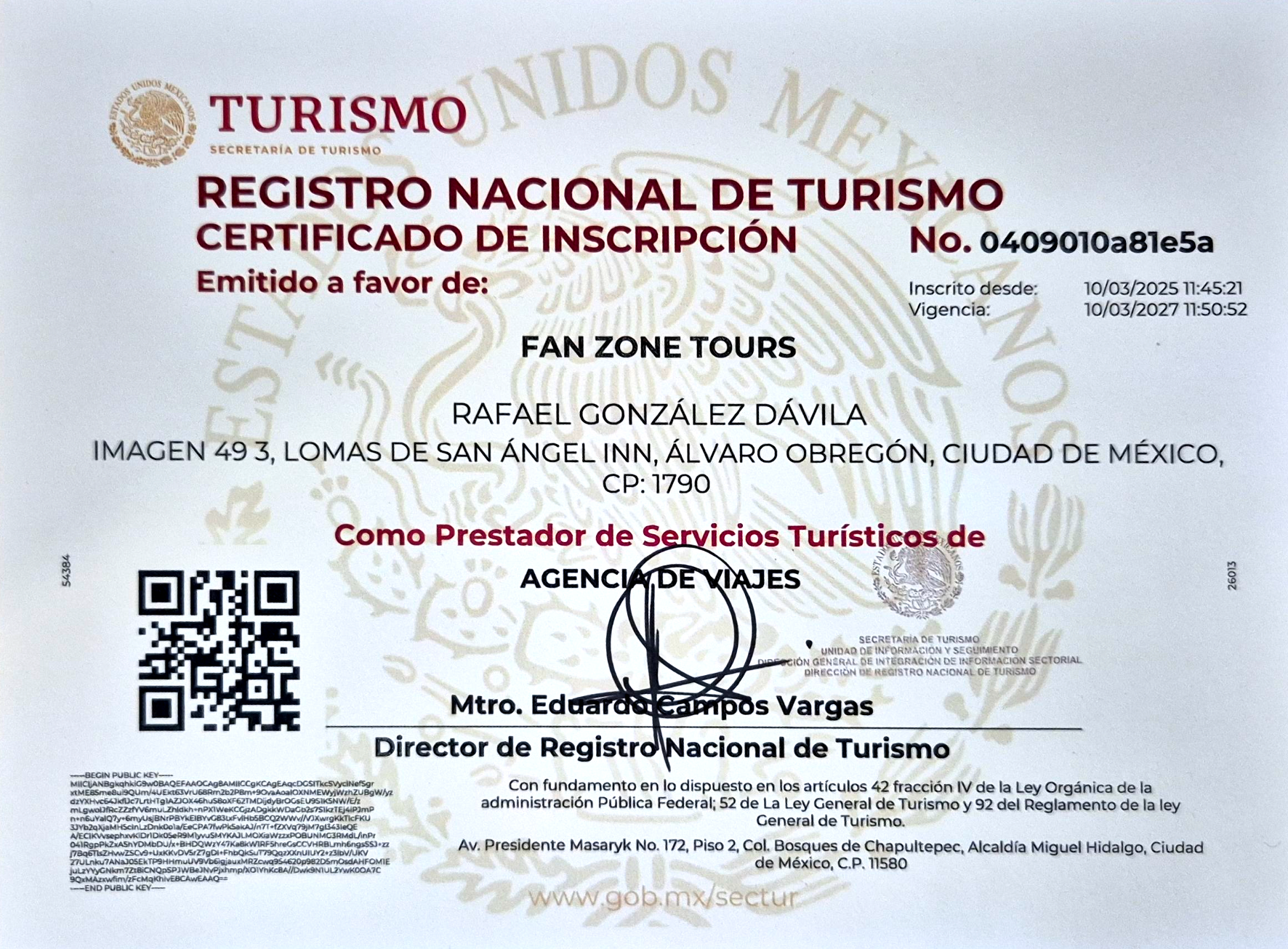 Fan zone tours is registered in the registro nacional de turismo